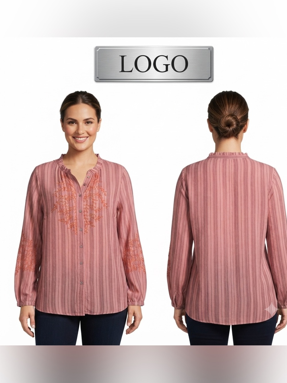 LOGO by Lori Goldstein Embroidered Striped Woven Blouse Large